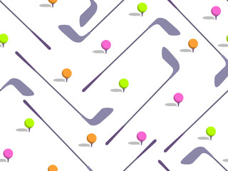 Seamless pattern with golf clubs and colored balls on a white background. Golf club and golf ball in minimalist style. Design of typography, banner and poster, advertising product. Vector illustration