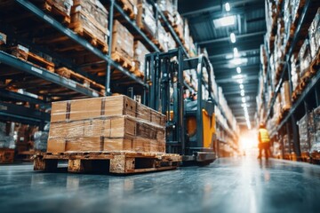 Large industrial warehouse with forklift, boxes on pallets, and tall storage.
