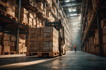 Logistics operations: Forklift moving palletized goods in a large warehouse