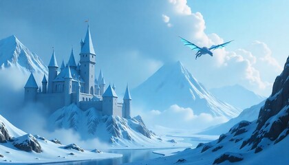 sweeping 3D animation showing castles on volcanoes, frozen valleys, and dragons flying overhead
