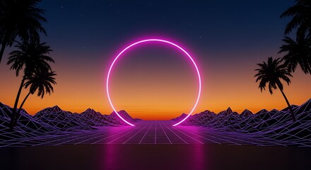 Synthwave Horizon: Glowing Neon Circle Above a Wireframe World