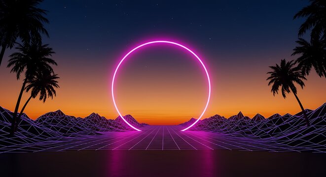Synthwave Horizon: Glowing Neon Circle Above a Wireframe World