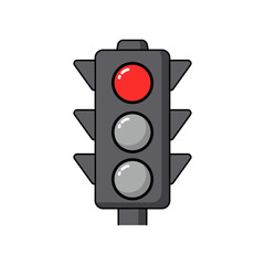 Traffic light with red light illuminated on black background.