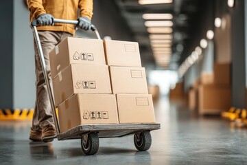 Worker pushing hand truck loaded with brown cardboard boxes in a warehouse.