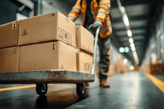 A warehouse worker efficiently transports stacked cardboard boxes on a hand truck.