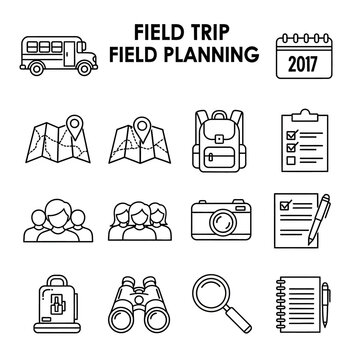 Collection of Line Icons for Field Trip Planning and Activities.