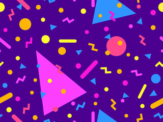 Geometric seamless pattern with memphis elements in 80s style. Colorful pattern with different geometric shapes. Design for packaging, covers, wrapping and promotional products. Vector illustration