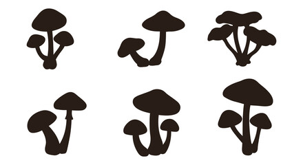 Collection of six distinct mushroom silhouettes in a simple hand drawn style silhouette. vector design. Silhouette vector design illustration
