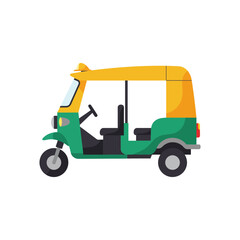 Obraz premium A green and yellow auto rickshaw vehicle is depicted on a black background.