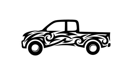 Fototapeta premium Black and white illustration of a pickup truck with tribal style designs on the body.