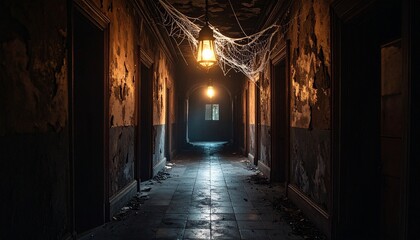 Spooky abandoned hallway with cobwebs and flickering light