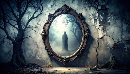 Dusty mirror with ghostly reflection on cracked wall