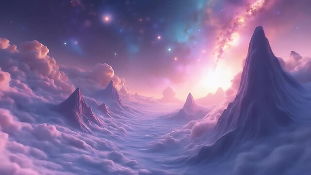 Stunning cosmic nebula landscape with glowing stardust clouds, radiant galaxies, and towering formations resembling mountains made of light and gas, set in deep space.

