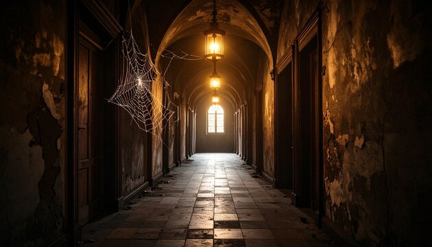 Spooky abandoned hallway with cobwebs and flickering light