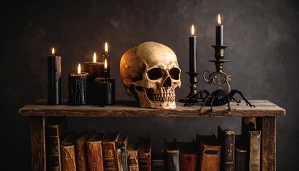 Halloween skull and candles on old shelf with dark background