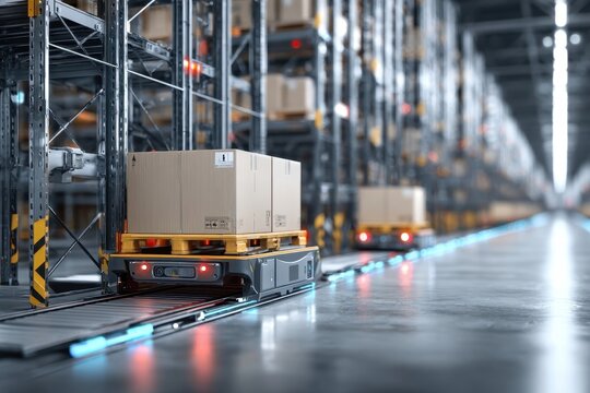 Autonomous mobile robot moving packages in a modern automated warehouse.