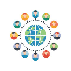 Globe surrounded by diverse people icons on a black background.