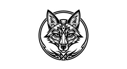 Fototapeta premium Stylized black and white fox head illustration within a circular frame, featuring intricate line work and decorative elements.