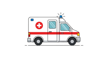 Fototapeta premium A white ambulance with a red stripe and a red cross symbol, depicted in a simple, cartoon-like illustration style.