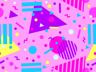 Geometric seamless pattern with memphis elements in 80s style. Colorful pattern with different geometric shapes. Design for packaging, covers, wrapping and promotional products. Vector illustration