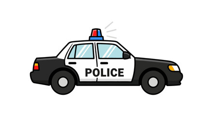 Fototapeta premium Cartoon illustration of a black and white police car with a blue and red light on top, isolated on a white background.