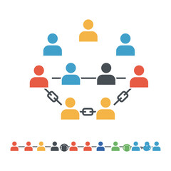 Network of colorful people icons connected on a black background.