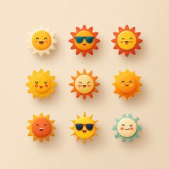Nine Cheerful Cartoon Suns on Beige Background