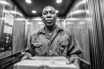 Focused delivery worker holding a package inside a busy building elevator.
