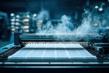 Close-up of industrial data processing machine with steam in a factory setting.