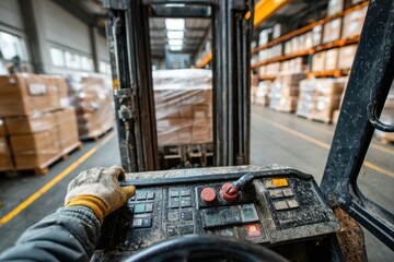 Operator's view from a forklift maneuvering goods in a busy warehouse.