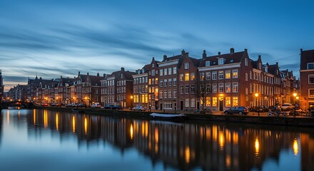 Obraz premium Glowing Haarlem Canal Houses at Twilight, Mirrored in the Calm Water.