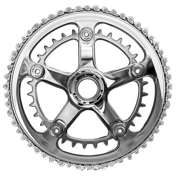 A shiny, chrome bicycle chainring with a connected chain is isolated against a white background. The image features a highly reflective surface.