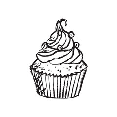Tasty delicious cupcake design with cream and pearls in black brush stroke texture isolated on white. Hand drawn vector sketch illustration in vintage charcoal ink. Confectionery, bakery logo