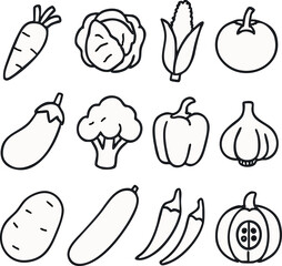 Fresh vegetables line art for healthy eating promotion, featuring carrot, cabbage, corn, tomato, eggplant, broccoli, pepper, garlic, potato, zucchini, chili, and pumpkin, perfect for culinary designs 