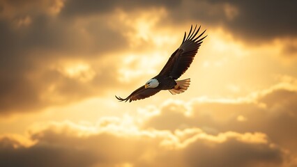 Fototapeta premium A majestic bald eagle soaring through a dramatic golden-hued sky.