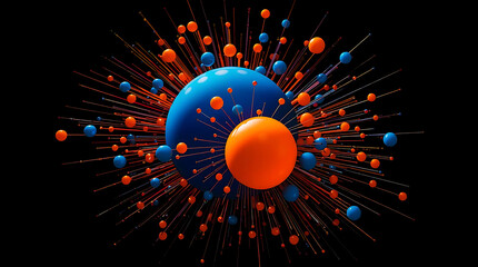 Abstract 3d rendering of blue and orange spheres with radiating lines on a black background, creating a dynamic and futuristic design with vibrant colors and energy
