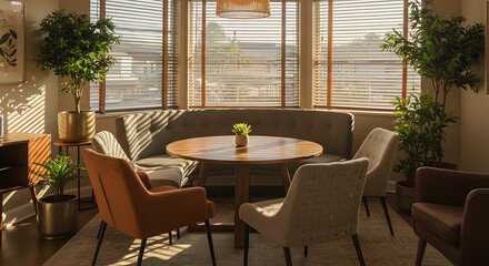 Obraz premium Sunlit modern interior showcasing a cozy seating area with a round table and chairs