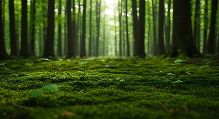 Fototapeta premium Tiny Seedlings Emerge on a Lush Mossy Carpet in a Sunlit Forest