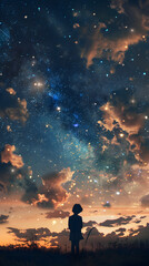 Obraz premium A lone figure stands looking up at a night sky filled with stars and clouds, situated on a grassy hill in silhouette.