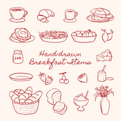 Hand-drawn breakfast elements set. Minimalist hand-drawn food and drink outline sketches for cafe and restaurant menu illustrations.