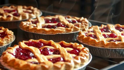 Delicious cherry pies on display in bakery close-up	
 - Powered by Adobe