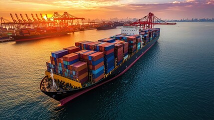 A large cargo ship sailing on the ocean at sunset, carrying containers and cargo.