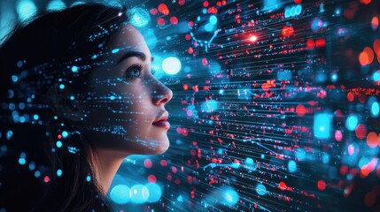 A woman's face with a digital overlay of glowing lights and data streams.