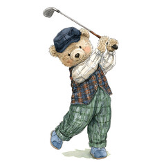 A teddy bear, dressed in golf attire, swings a golf club. It wears a hat and plaid clothing, posed against a white background. The watercolor illustration is charming. © ArmirAI