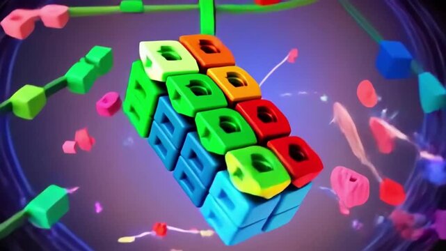 Colorful Interlocking Plastic Blocks Stacked in 3x3 Formation Showcasing Playful and Creative Design Against Vibrant Abstract Background with Dynamic 3D Puzzle Cube Elements