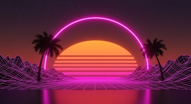 Luminous Neon Arch Over a Digital Retrowave Sunset Horizon