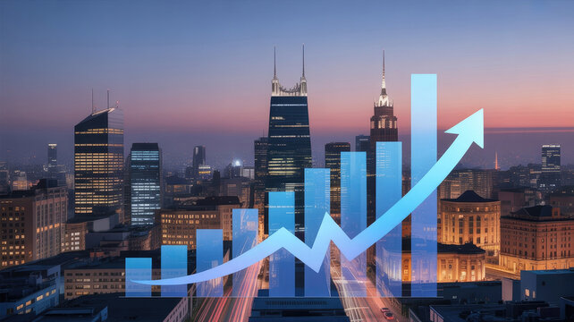 Blue financial bar graph with upward arrow over city skyline at dusk 2025 2026 4k full hd download finance