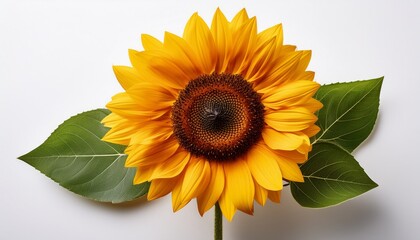 Naklejka premium bright sunflower with vibrant yellow petals and green leaves against a white background