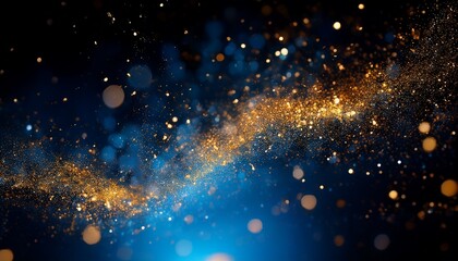 vibrant cosmic dust formation floating against dark background featuring bright shimmering particles in deep blue and golden tones created with generative ai technology