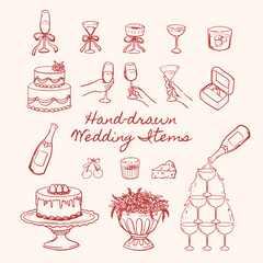 Set of hand drawn whimsical wedding elements. Vector illustration wedding outline sketch for wedding invitation, cards, anniversary and bachelorette party